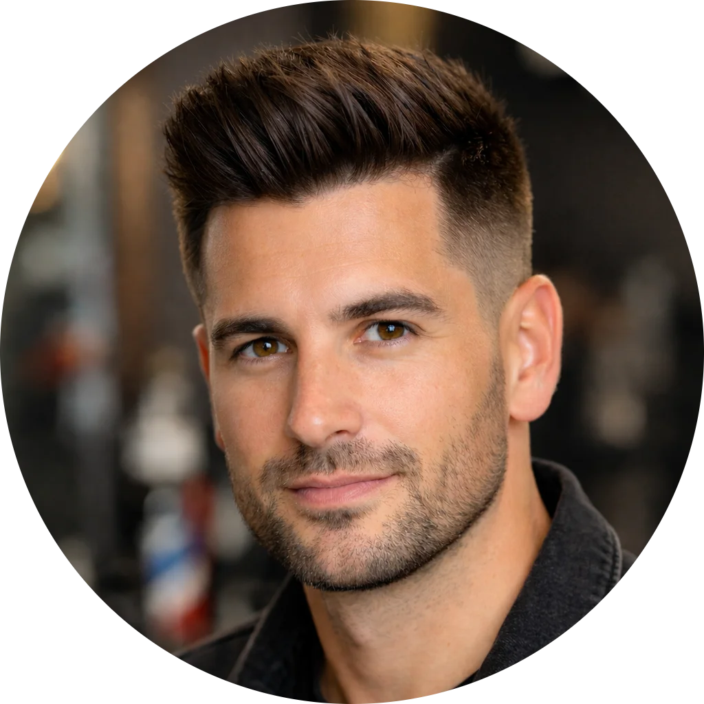 Alex Fade, men’s grooming writer and editor at fade-haircut.com with a modern high fade haircut in a barbershop setting.