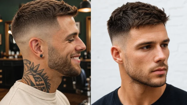 Side-by-side comparison of modern skin fade haircuts for men, featuring a clean high fade with textured top and a sharp low fade style, ideal for trendy men’s hairstyles 2026 – fade-haircut.com