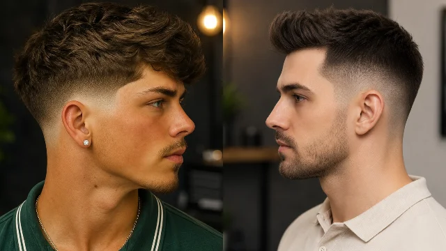 Modern side-profile portrait of two stylish men showcasing trendy taper fade haircuts with textured volume, sharp beard detailing, and clean barbershop styling in a professional studio setting.