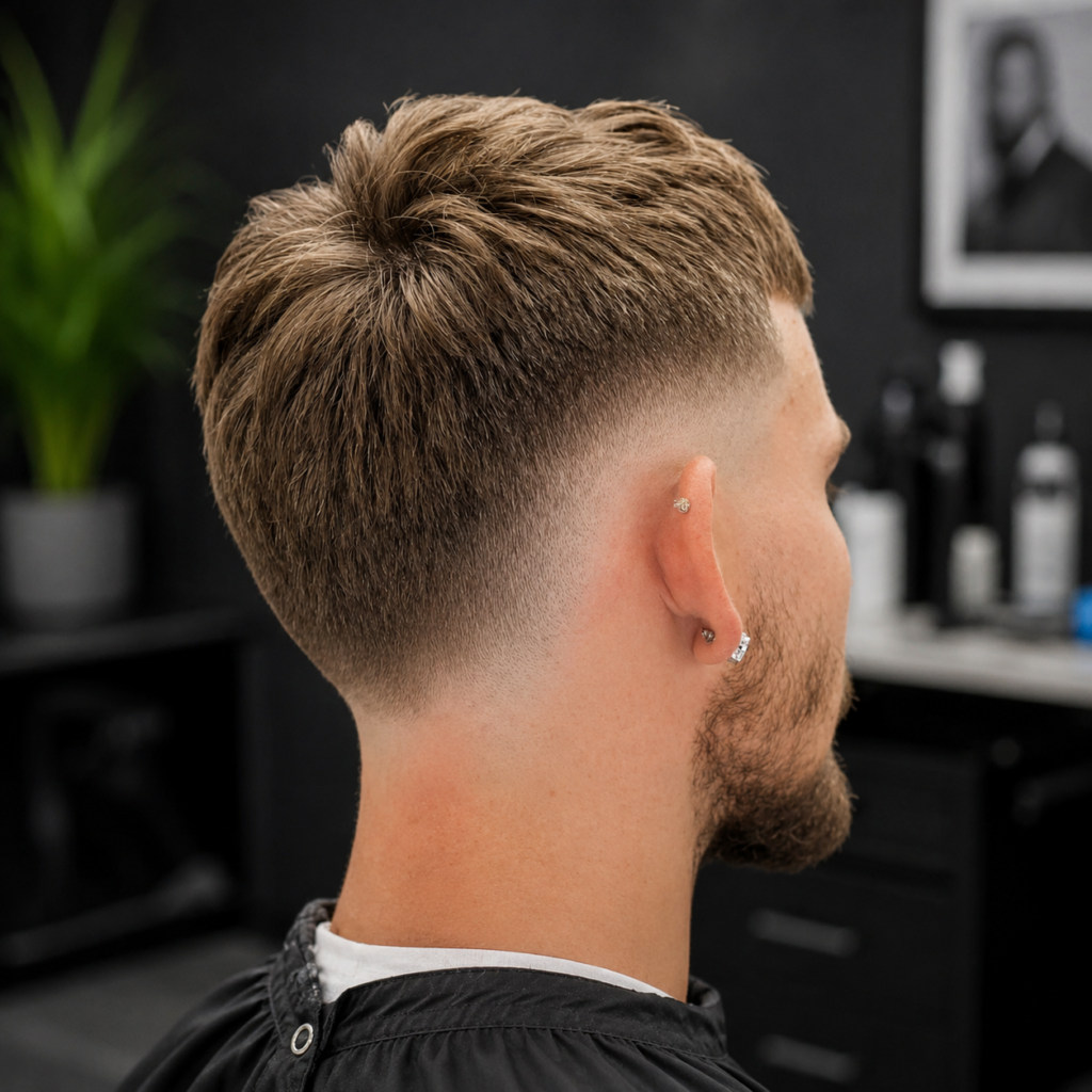 bald burst fade haircut on short textured hair with clean neckline, back and side view in a modern barbershop