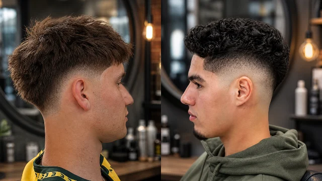 Modern drop fade haircut comparison showing side profiles of two men with clean low skin fade and textured top hairstyles in a professional barbershop setting – fade-haircut.com