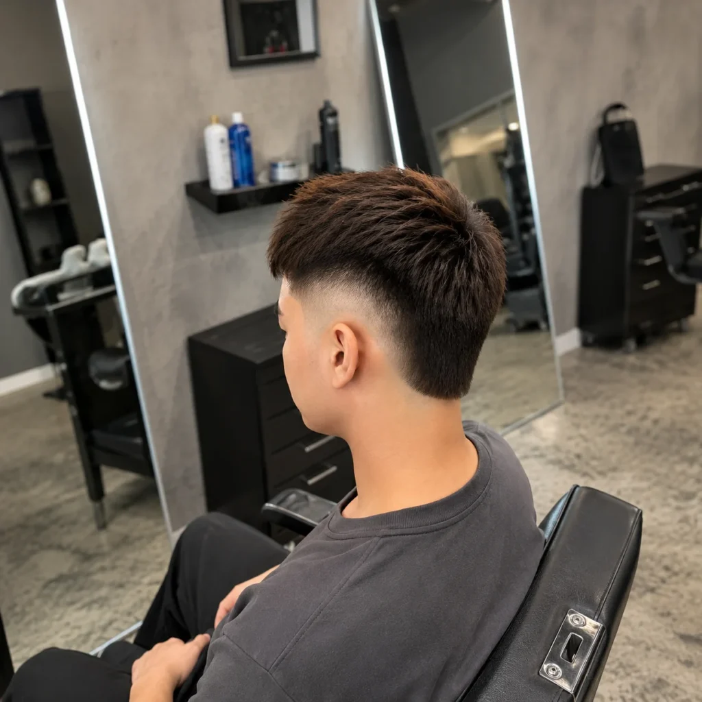 Back and side view of a young man with a textured crop haircut and clean low fade, sitting in a barber chair, wearing a dark t-shirt in a modern barbershop with a soft blurred background fade.

