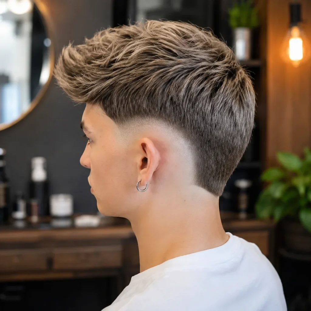 Side view of a man with a modern low skin fade haircut and textured top, wearing a white shirt in a stylish barbershop setting