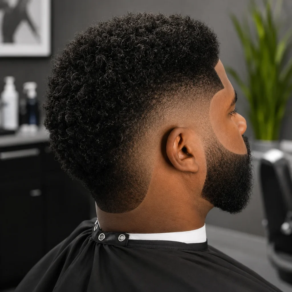 Side profile of a man with tight curly hair and a sharp low skin fade haircut, featuring a clean lineup and a well-shaped full beard, styled in a modern barbershop setting.
