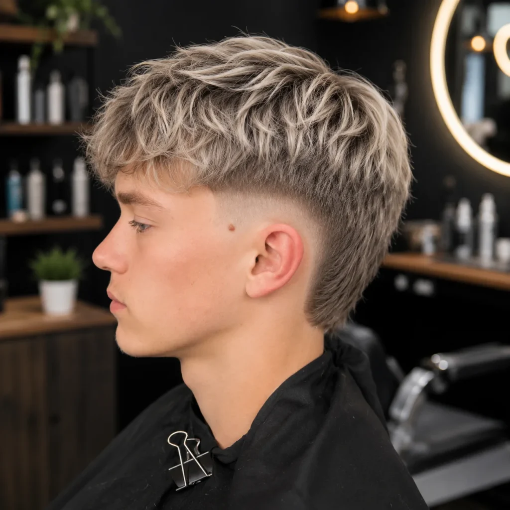 burst fade haircut with blonde textured layers and natural flow, side profile view in a modern barbershop