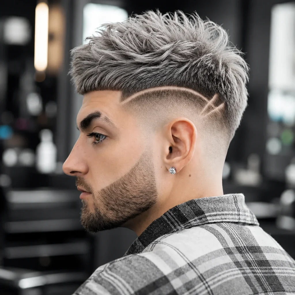 Side profile of a man with a textured crop haircut and high skin fade featuring a sharp shaved line design, styled beard, and modern barbershop background