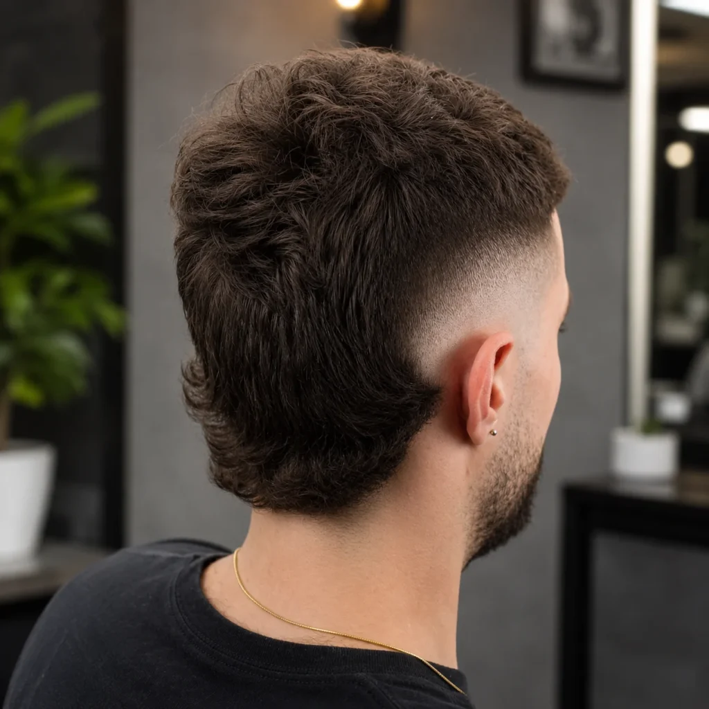 Wavy mullet haircut with burst fade on the sides, shown from the back view, featuring textured longer hair at the back, clean faded sides, and a modern barbershop-style finish.
