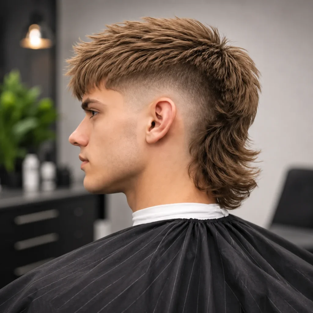 Side profile of a young man with a modern burst fade mullet haircut, featuring short faded sides and longer textured hair at the back, styled neatly in a professional barbershop setting.
