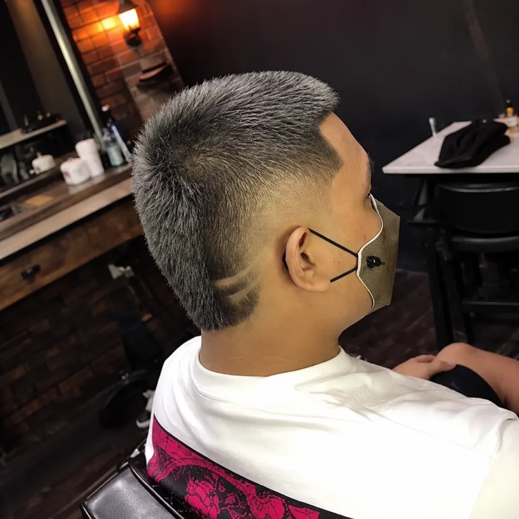 Man with a modern buzz cut fade haircut featuring a sharp low skin fade and stylish shaved line design on the side, sitting in a barber shop