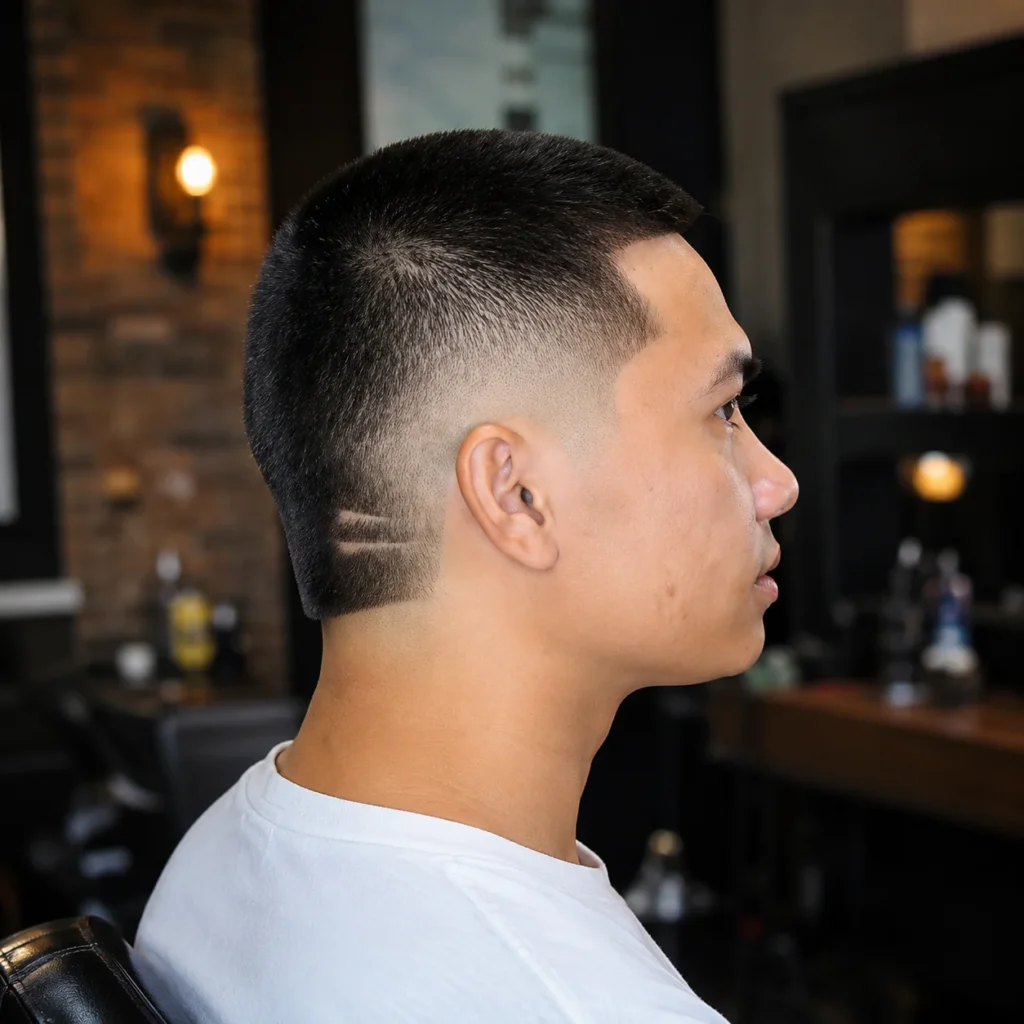Side profile of a man with a clean low fade buzz cut featuring a sharp shaved line design, wearing a white shirt in a modern barbershop setting