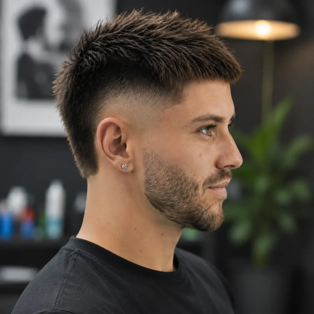 A young man with a textured top and clean low fade haircut sits in a modern barbershop, showcasing a sharp blend from the sides to the top with a well-groomed beard and a stylish, neat finish.
