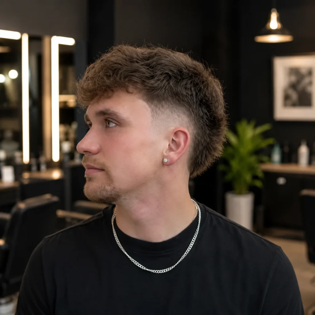 Low burst fade haircut with curly textured top, clean taper sides, modern men’s hairstyle