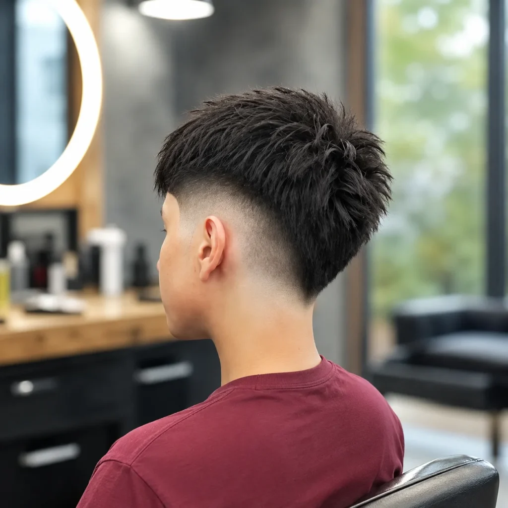 burst fade haircut v cut with textured top, clean taper around ear, modern barbershop style