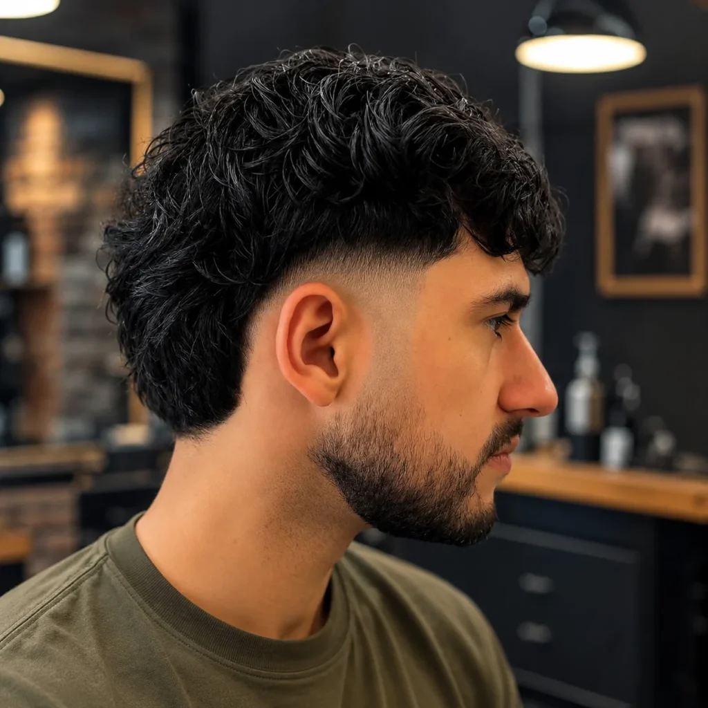 Side profile of a young man with a wavy textured haircut and clean low fade, well-groomed beard, wearing a casual t-shirt in a modern barbershop setting with a blurred background.
