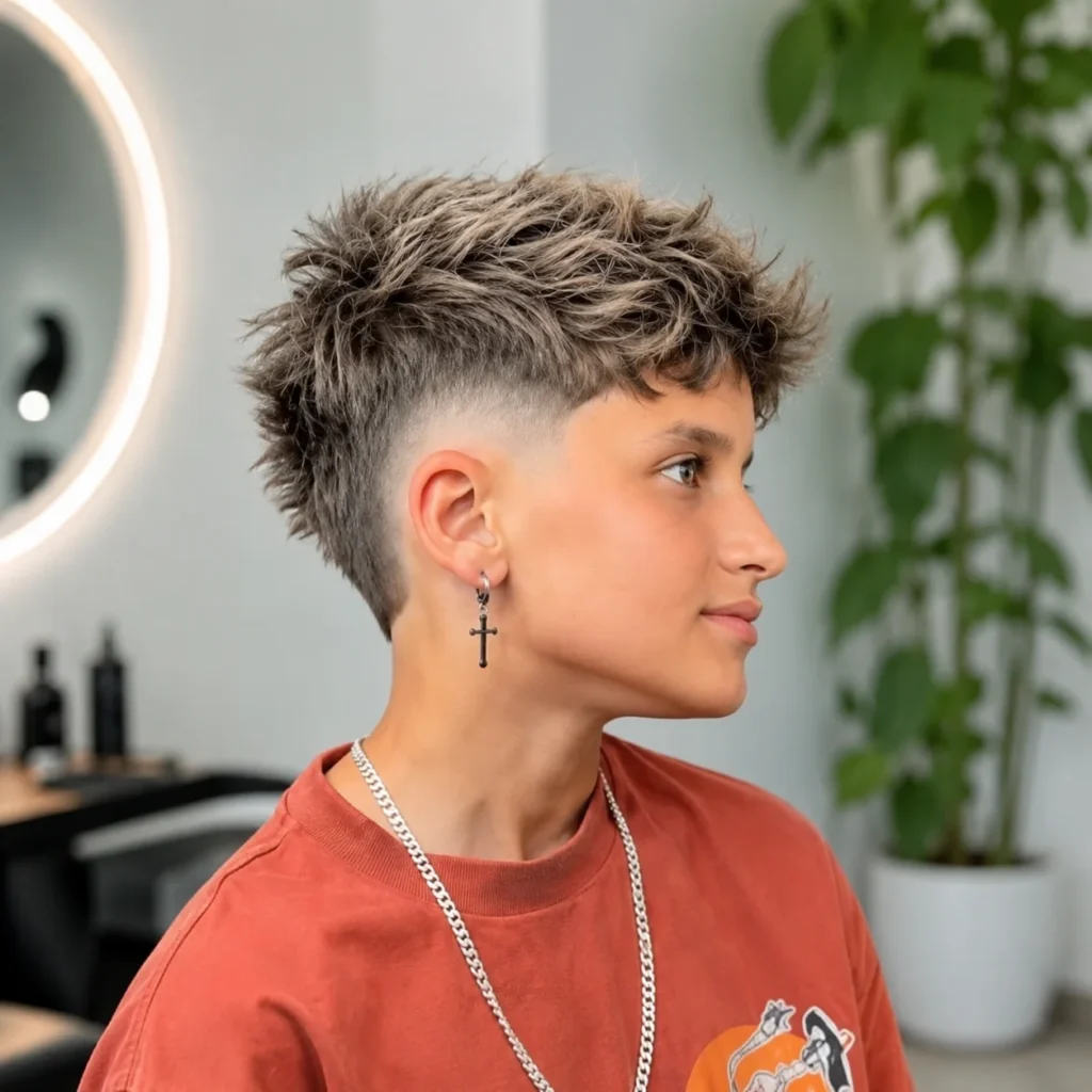Textured burst fade haircut with short sides, messy top, and clean taper, modern stylish look
