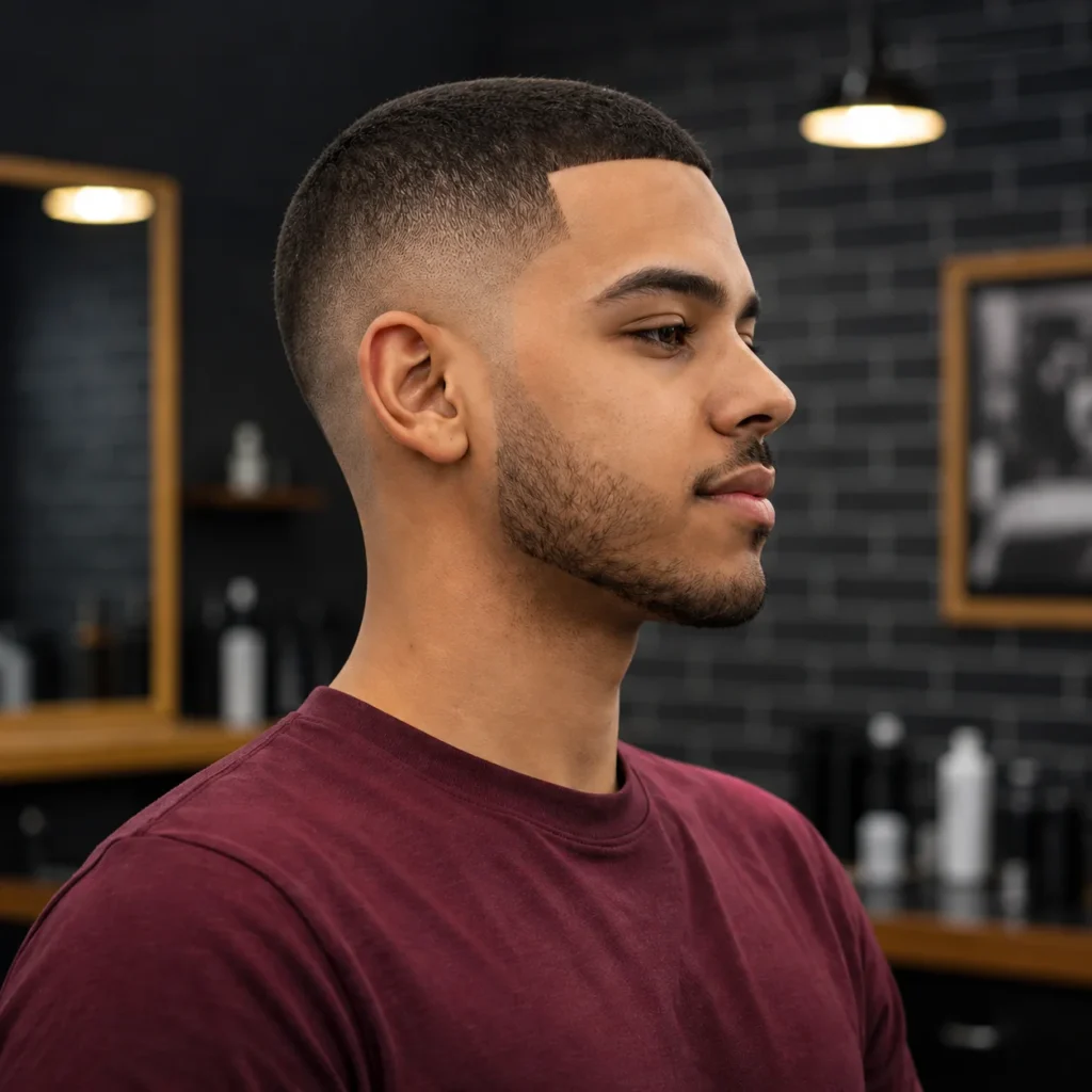 Side profile of a young man with a clean crew cut fade haircut and sharp beard line, wearing a maroon t-shirt, with a soft blurred barbershop background fade.
