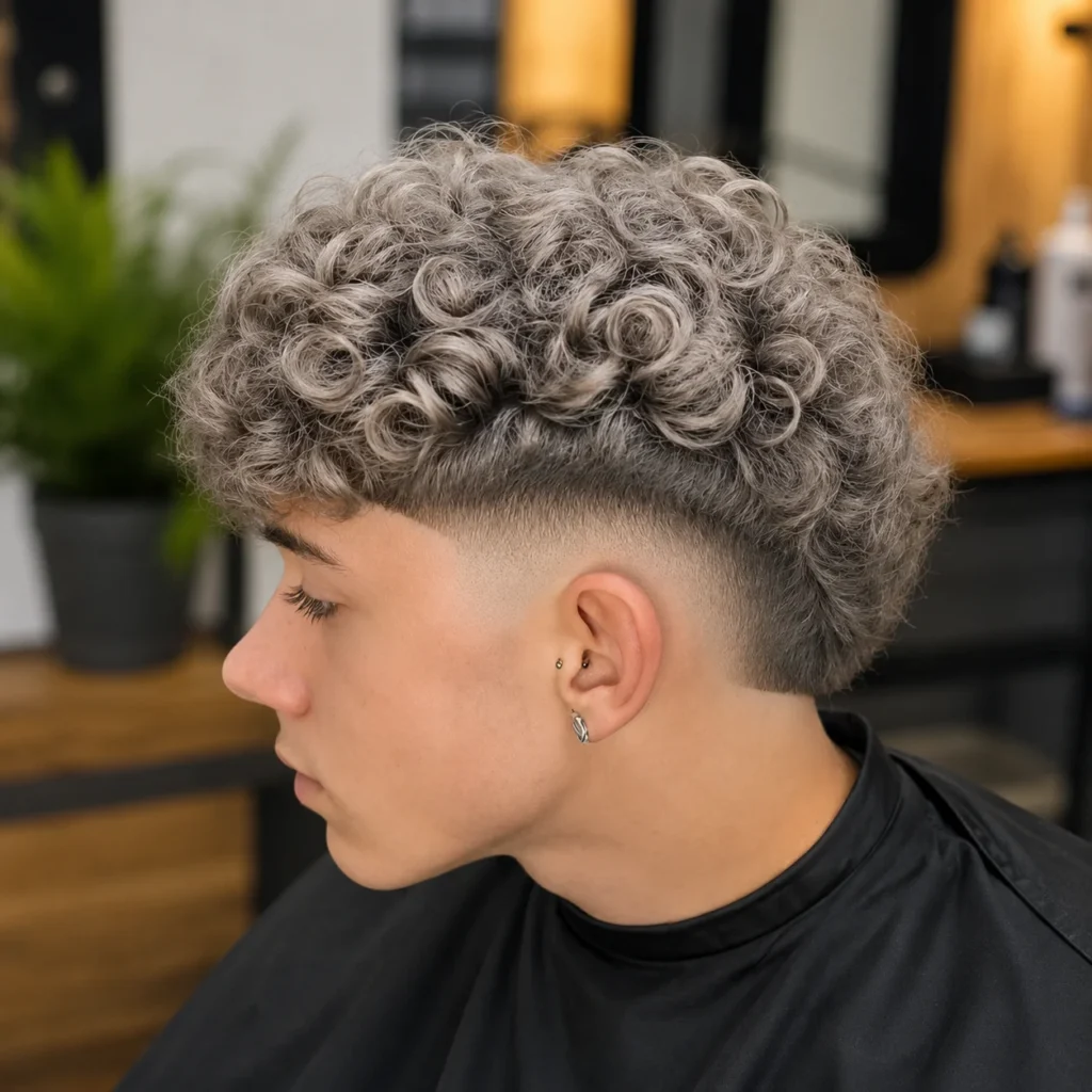 Side profile of a man with curly textured hair and burst fade haircut, clean low skin fade on the sides with defined curls on top, styled in a modern barbershop.