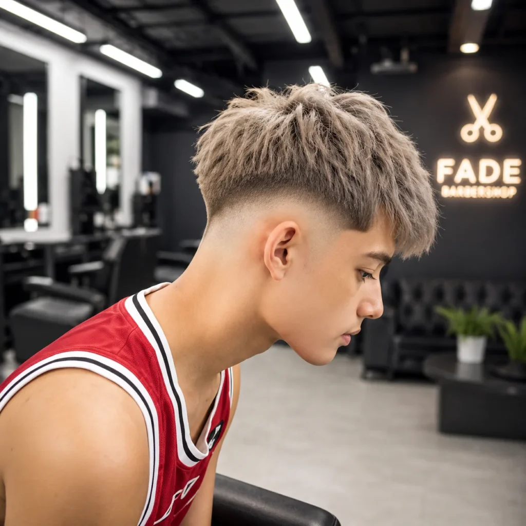 Drop Burt fade haircut with textured top and sharp lineup, side profile in a modern barbershop setting”