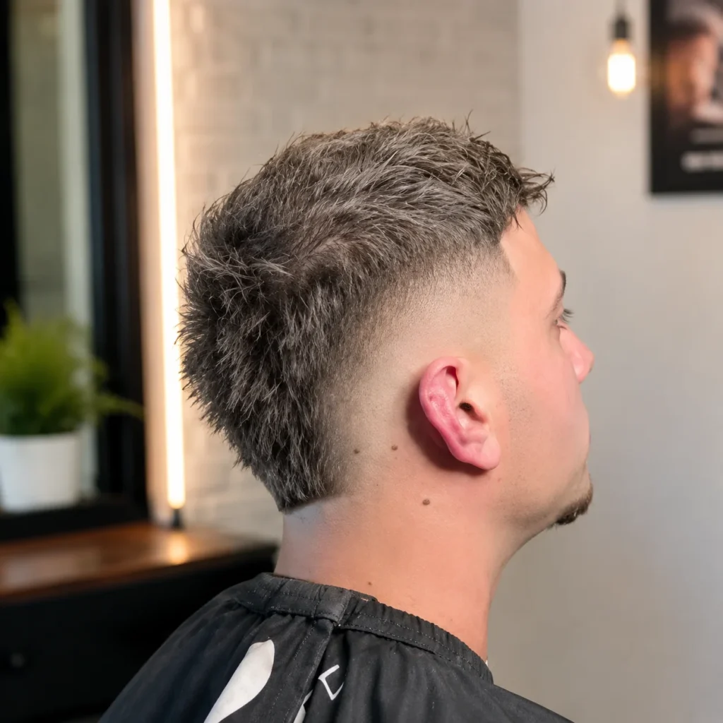 Back and side view of a man with a textured top and low skin fade haircut, smoothly blended sides with a clean finish, styled in a modern barbershop setting