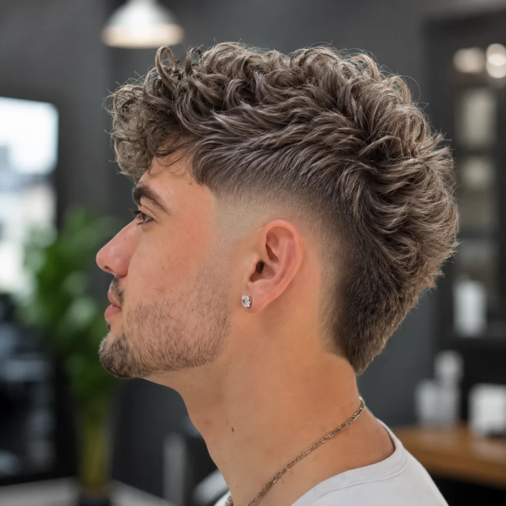 Side profile of a man with a stylish mid fade haircut and voluminous curly top, featuring a smooth skin fade and clean beard line in a modern barbershop setting.
