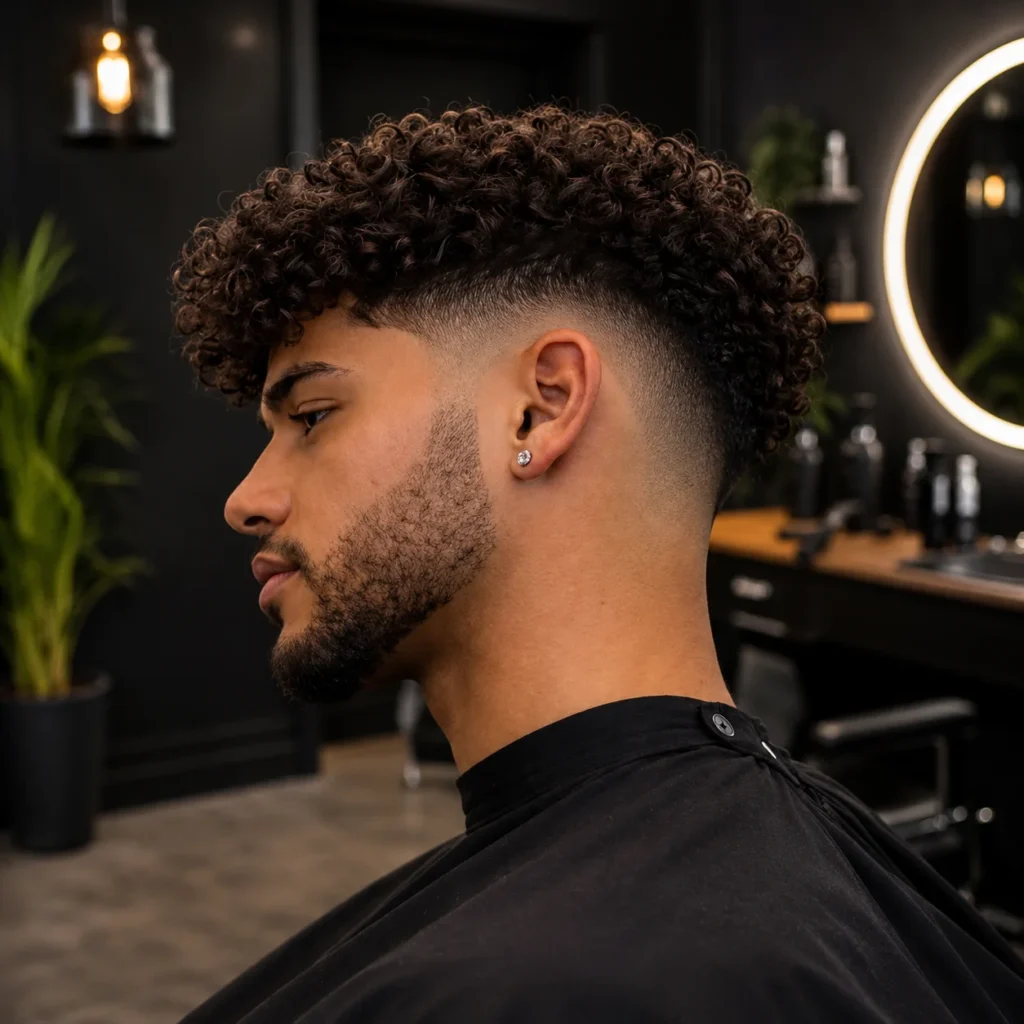 Low burst fade haircut with curly textured top and sharp beard fade, side profile in a modern barbershop