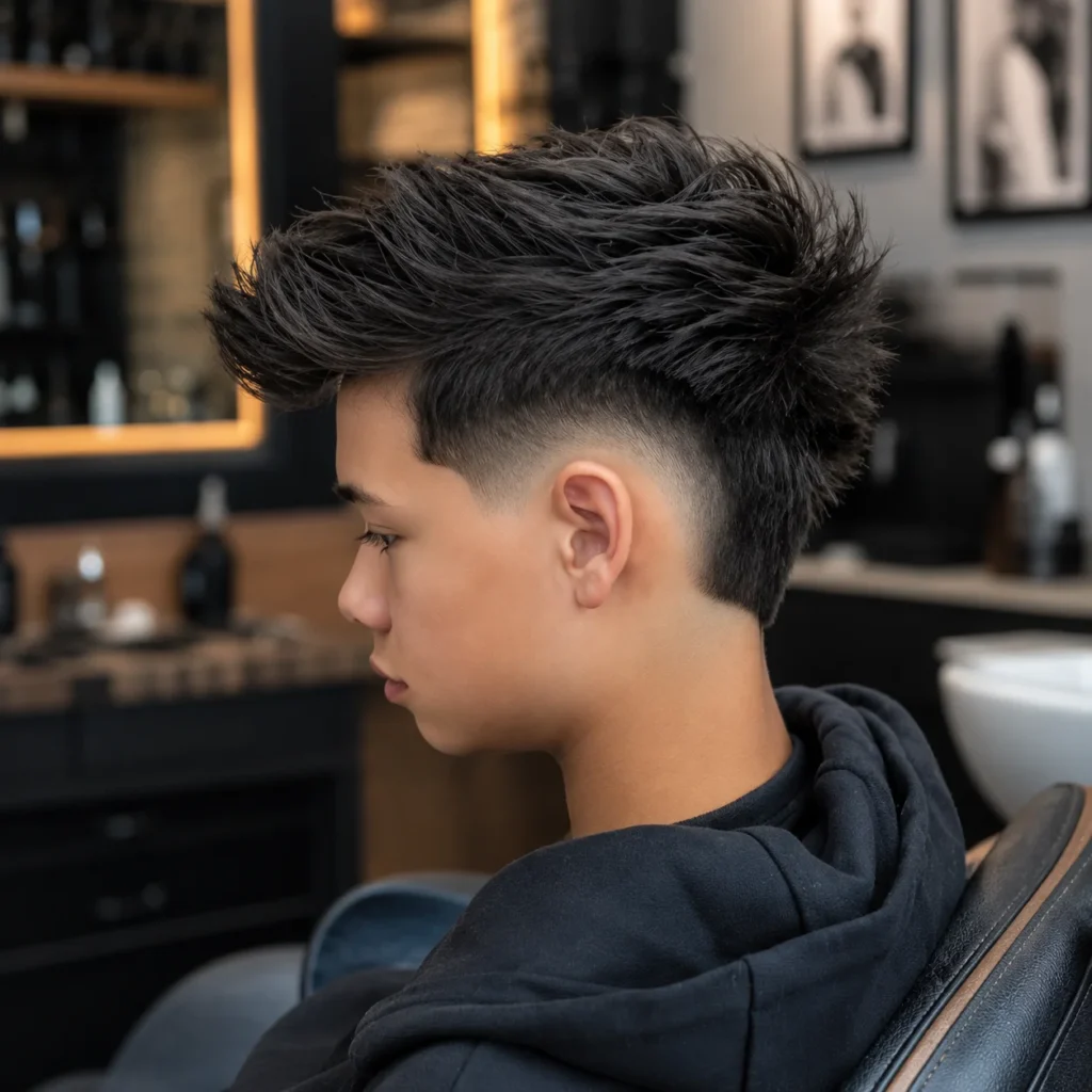 Side profile of a young boy with a textured spiky haircut and clean low fade, wearing a dark hoodie, sitting in a modern barbershop with a soft blurred background fade.
