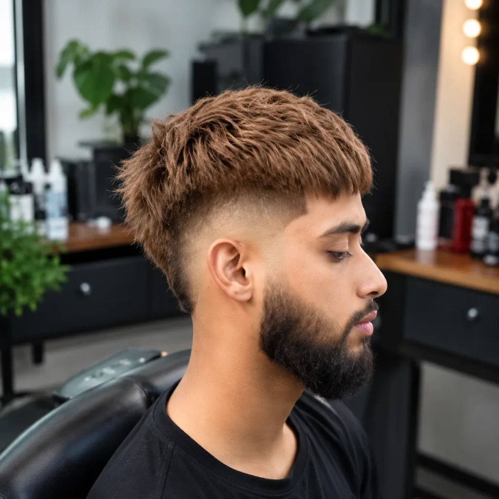 Side profile of a man with a textured crop haircut and mid skin fade, cleanly blended sides with a full beard, styled in a modern barbershop setting.