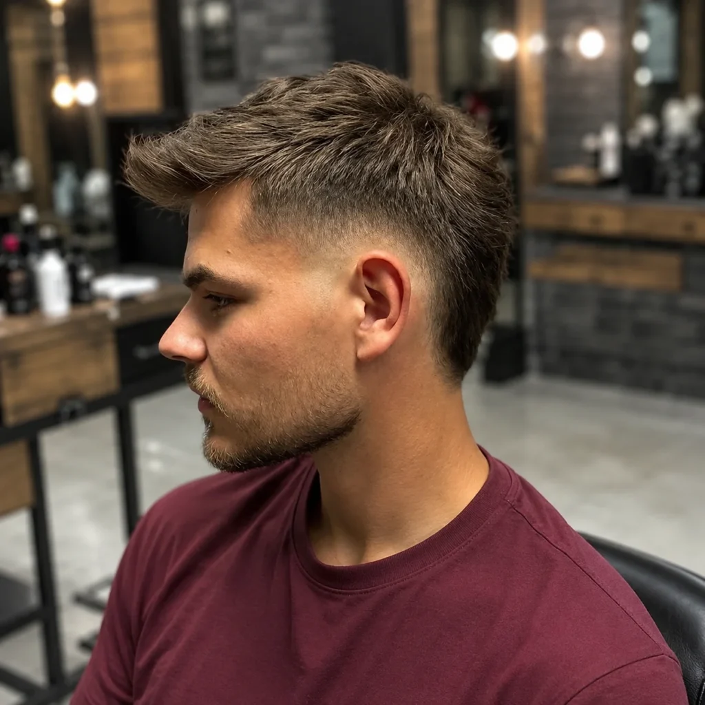 Side profile of a man with a textured top and low fade haircut, cleanly blended sides with a natural finish, styled in a modern barbershop setting.