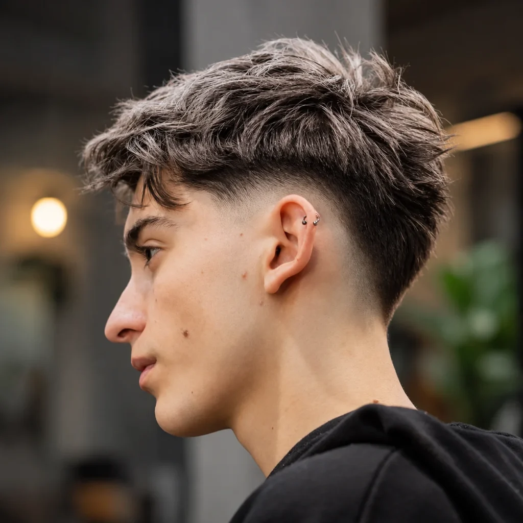 Side profile of a man with a trendy low fade haircut and messy textured top, featuring a smooth skin fade around the sides and back with a modern stylish look.
