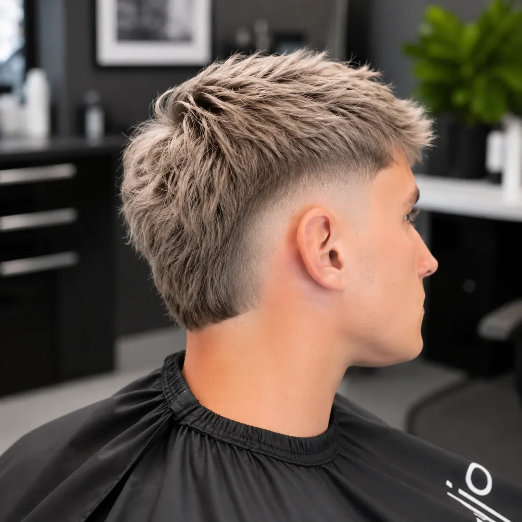 Side view of a young man with a clean low skin fade haircut and textured top, showing a smooth blend around the ears and neckline in a modern barbershop setting.
