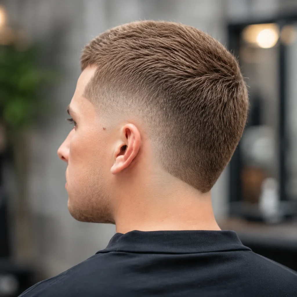 Back and side view of a man with a clean low fade haircut and short textured top, featuring a smooth taper around the neckline in a modern barbershop setting.
