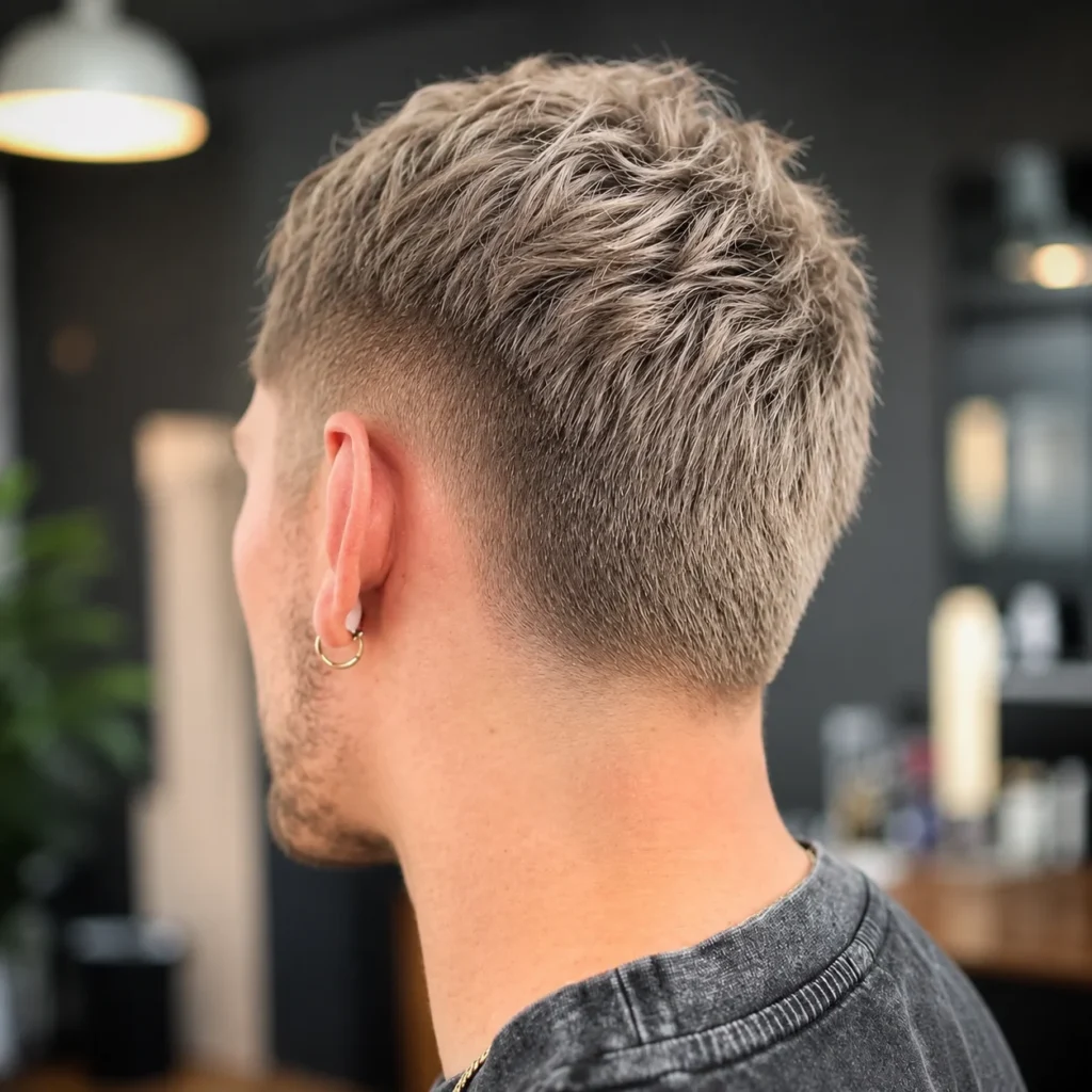 Back view of a man with a clean low fade haircut and textured blonde top, featuring a smooth taper around the neck and ear with a modern barbershop background.
