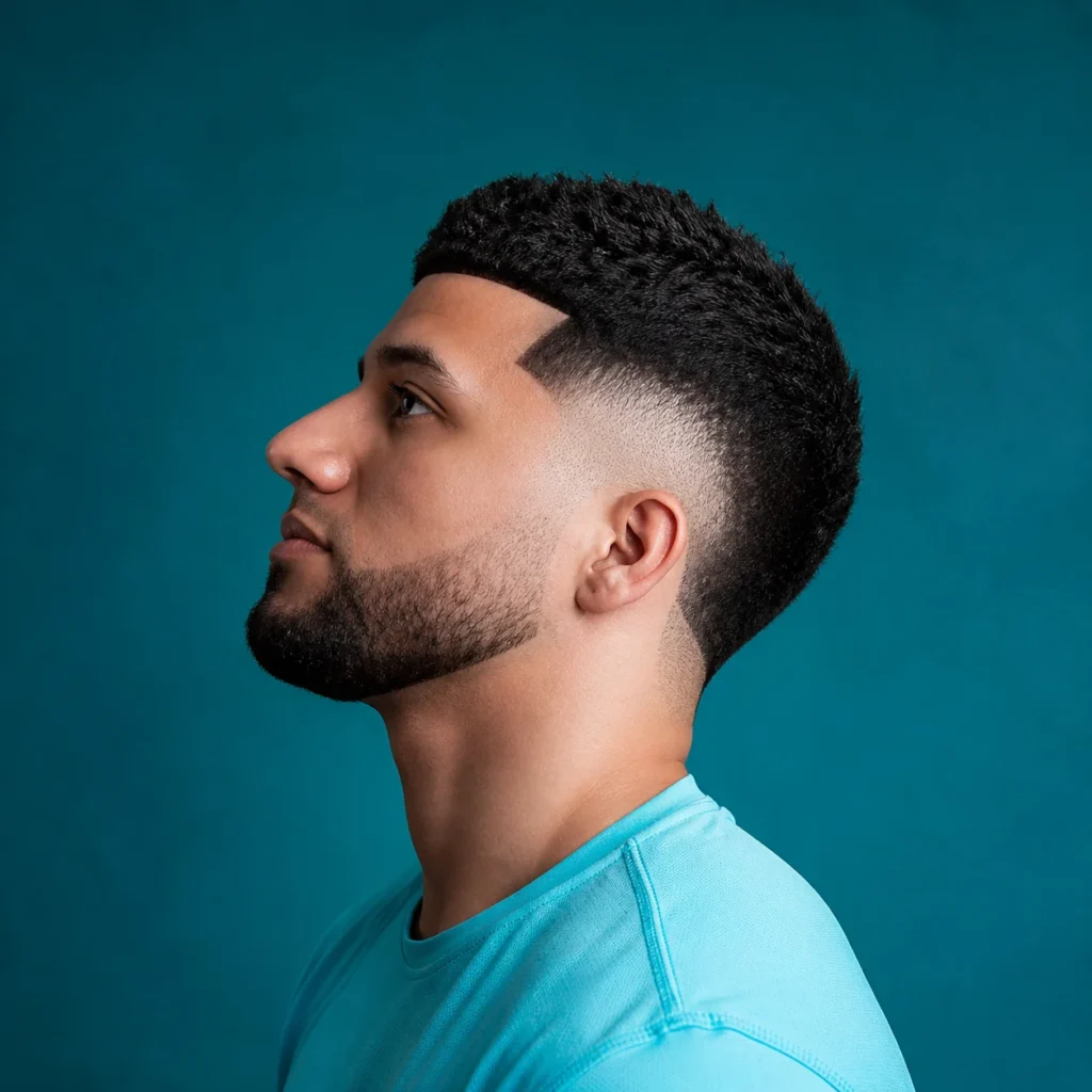 Side profile of a man with a sharp mid fade haircut and textured curly top, featuring a clean skin fade and well-groomed beard against a teal background.
