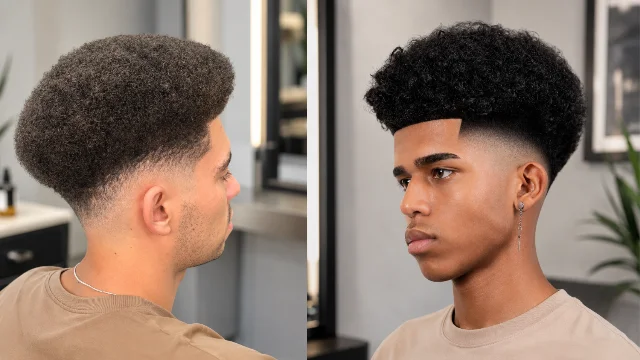 Modern Fade Haircut Afro styles for men with sharp skin fades and textured curly tops in a professional barbershop.
