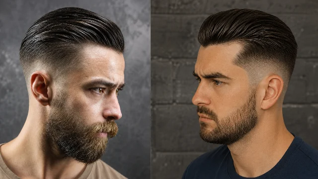 Two men with slick back fade haircuts featuring clean low skin fades and neatly styled dark hair, shown side by side against modern studio backgrounds.