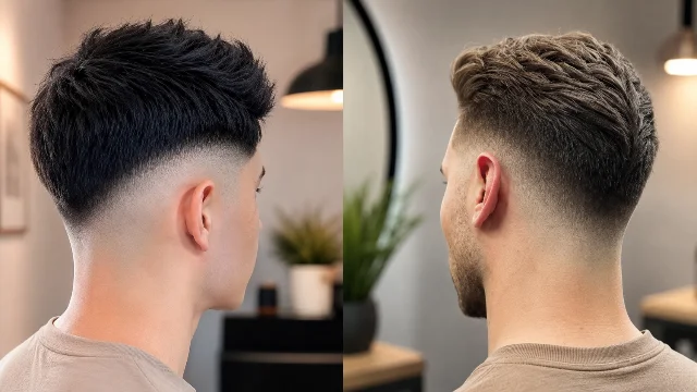 Side-by-side comparison of two modern V Fade Haircut styles for men, showcasing clean taper fades, sharp fade blending, and textured hair on top from rear and side angles in a stylish indoor barbershop setting. Perfect as inspiration for trendy men’s hairstyles in 2026.