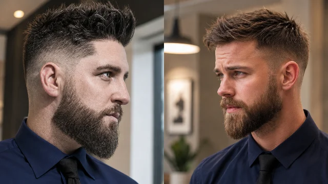 Side-by-side comparison of two stylish men’s fade haircuts featuring textured tops, sharp taper fades, and full beards in a modern indoor setting, showcasing trendy short haircut ideas for men.
