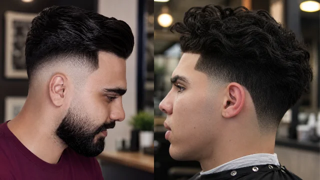 Two men showcasing clean temple fade haircuts in a modern barbershop. The left style features a sleek combed-back top with a sharp temple fade and full beard, while the right style has textured curly hair on top with a smooth temple fade for a modern and stylish look.