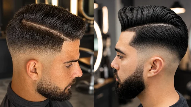 Side-by-side view of two stylish comb over fade haircuts featuring sharp skin fades, clean beard styles, and neatly combed hair in a modern barbershop setting.